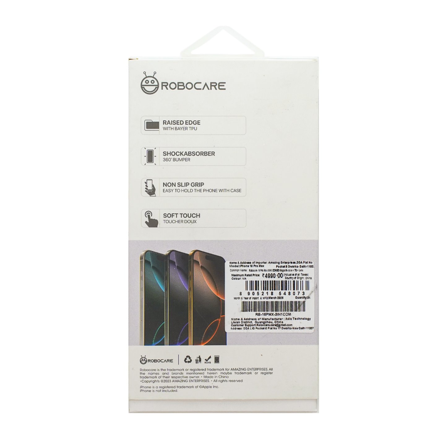 Robocare iPhone 16 Pro Max MagSafe 3-in-1 Protective Combo Case with Camera Lens Guard and Screen Protector