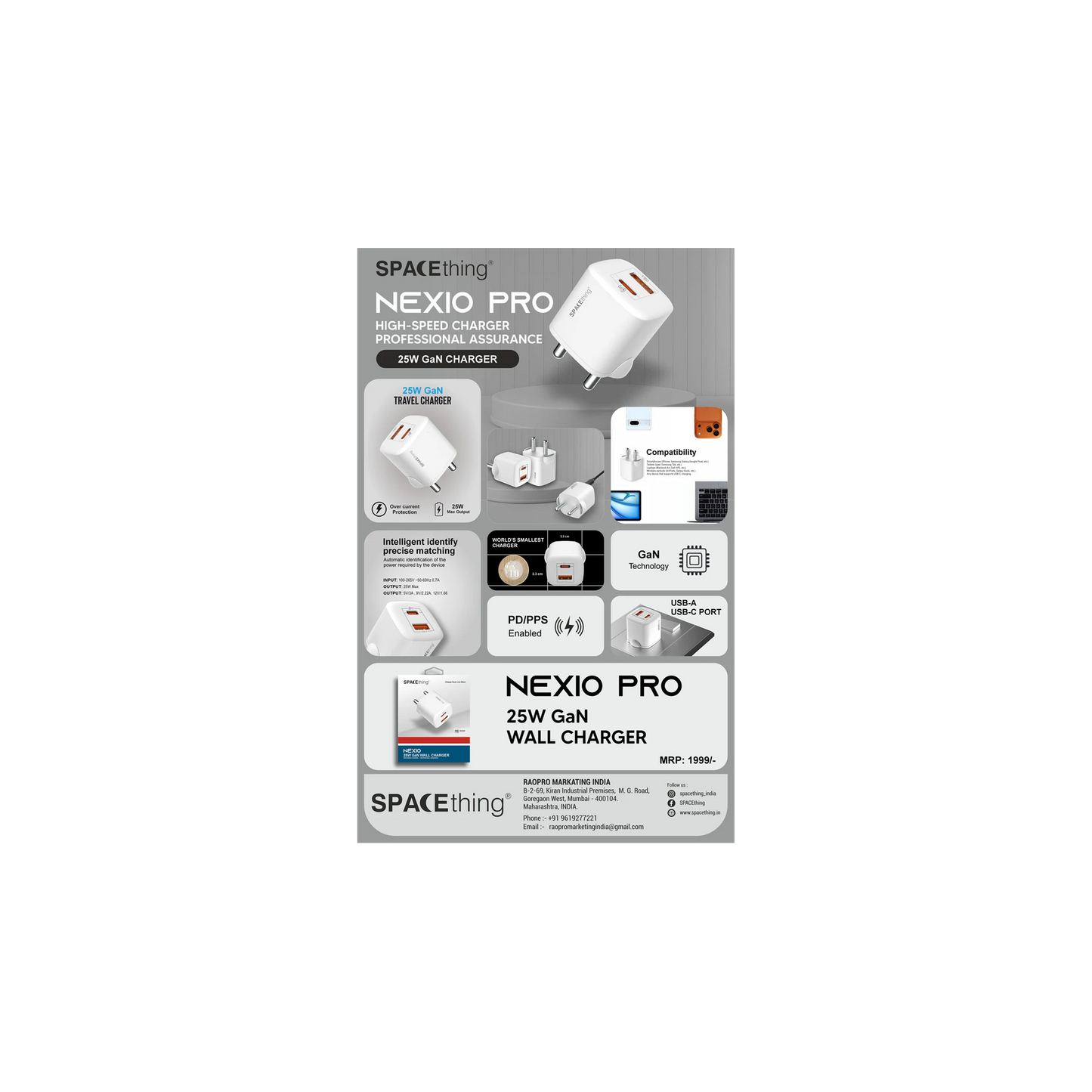 SPACEthing Nexio Pro 25W GAN Wall Charger (1 USB-C Port, 1 USB-A Port) – White