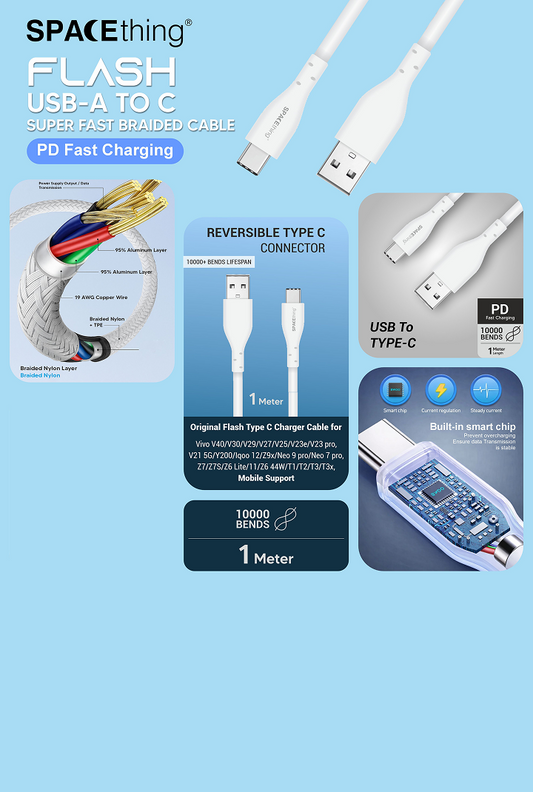 SPACEthing Flash 44W Wall Charger with USB to Type-C Cable – White
