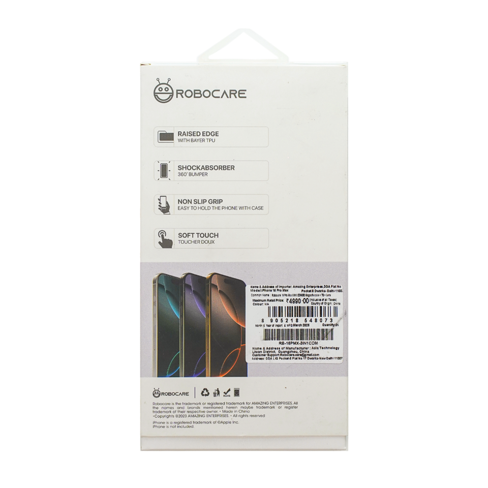 Robocare iPhone 16 Pro MagSafe 3-in-1 Protective Combo Case with Camera Lens Guard and Screen Protector