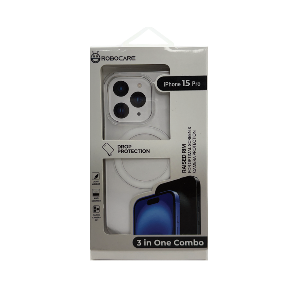 Robocare iPhone 15 Pro MagSafe 3-in-1 Protective Combo Case with Camera Lens Guard and Screen Protector