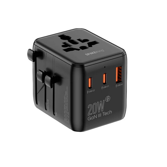 SPACEthing 20W GaN World Travel Charger with Universal Adapter – Black