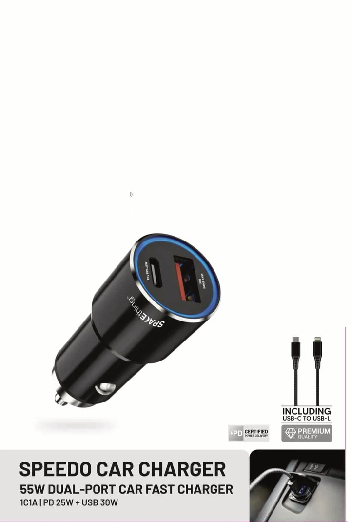 SPACEthing Speedo Car Charger 55W (with USB-C to Lightning Cable 1.5 m Cable)