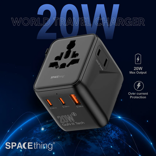 SPACEthing 20W GaN World Travel Charger with Universal Adapter – Black