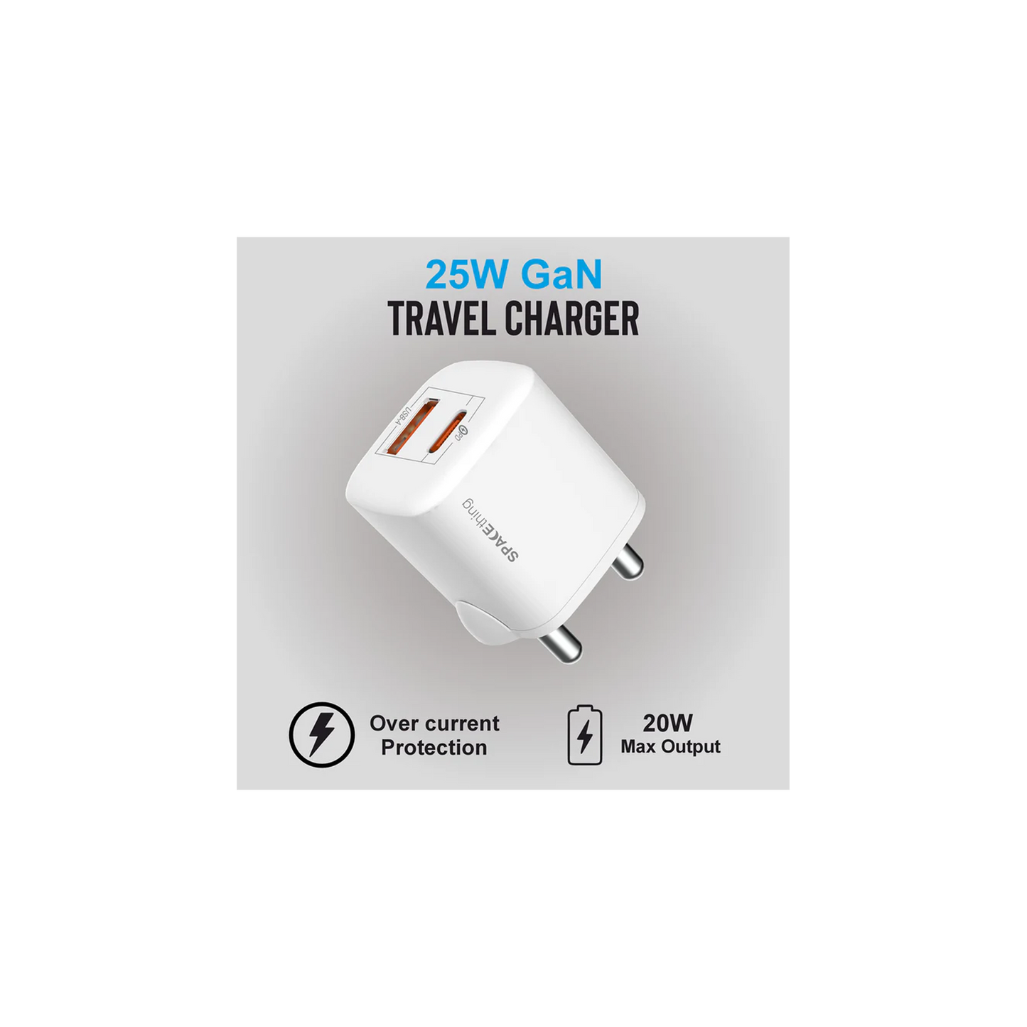 SPACEthing Nexio Pro 25W GAN Wall Charger (1 USB-C Port, 1 USB-A Port) – White