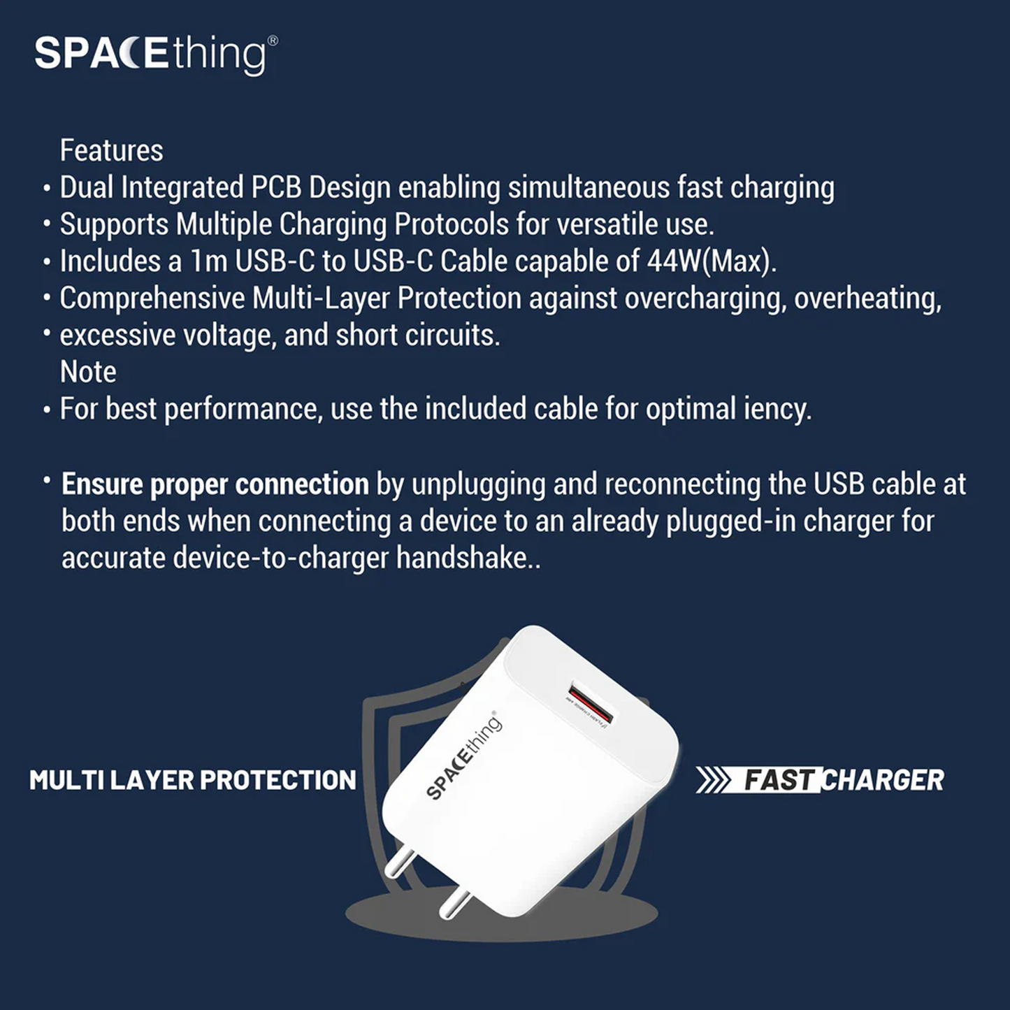 SPACEthing Flash 44W Wall Charger with USB to Type-C Cable – White