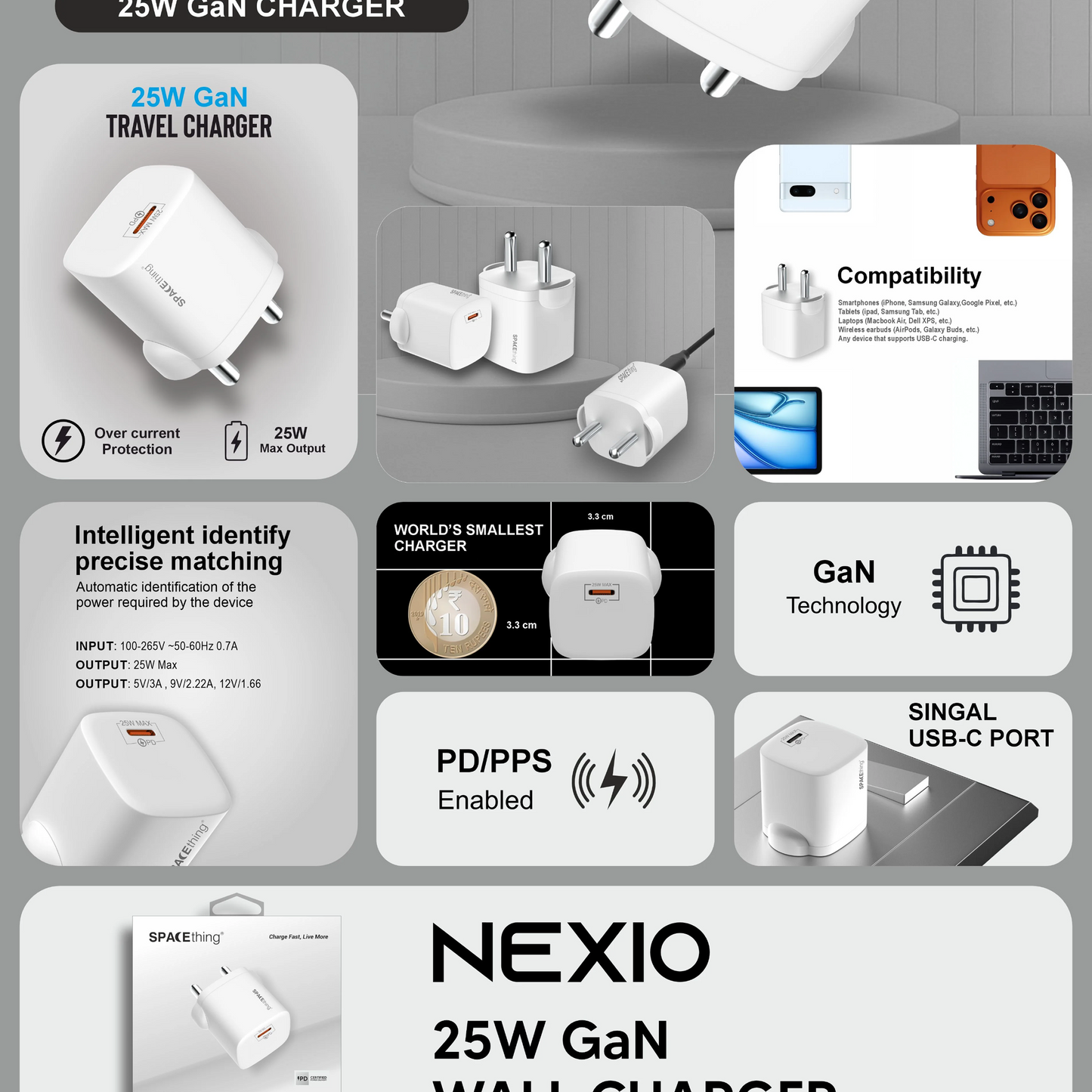 SPACEthing Nexio Pro 25W GAN Wall Charger (1 USB-C Port, 1 USB-A Port) – White
