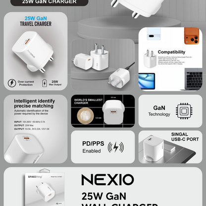 SPACEthing Nexio Pro 25W GAN Wall Charger (1 USB-C Port, 1 USB-A Port) – White