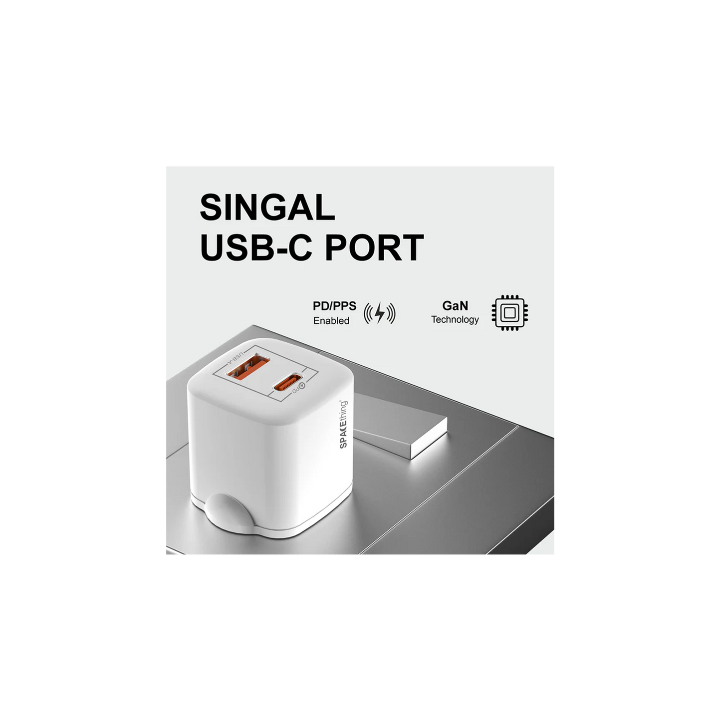 SPACEthing Nexio Pro 25W GAN Wall Charger (1 USB-C Port, 1 USB-A Port) – White