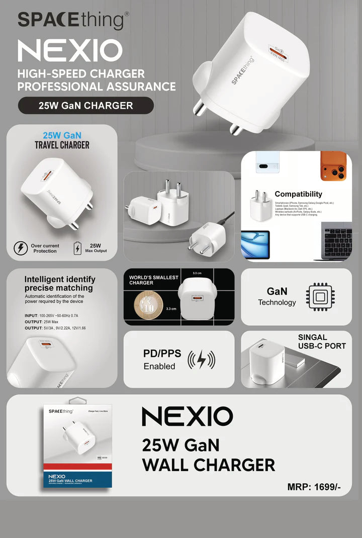 SPACEthing Nexio Pro 25W GAN Wall Charger (1 USB-C Port, 1 USB-A Port)