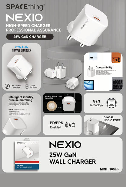 SPACEthing Nexio Pro 25W GAN Wall Charger (1 USB-C Port, 1 USB-A Port)