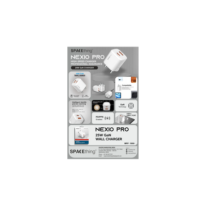 SPACEthing Nexio Pro 25W GAN Wall Charger (1 USB-C Port, 1 USB-A Port) – White