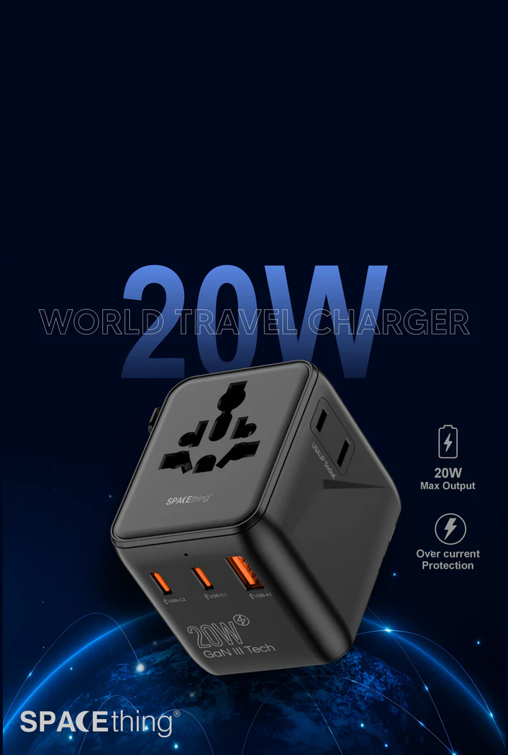 SPACEthing 20W GaN World Travel Charger with Universal Adapter
